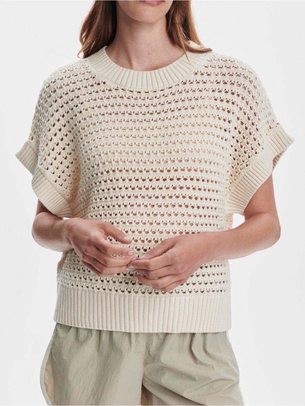 Varley Open-Knit Short Sleeve Sweater in Cream